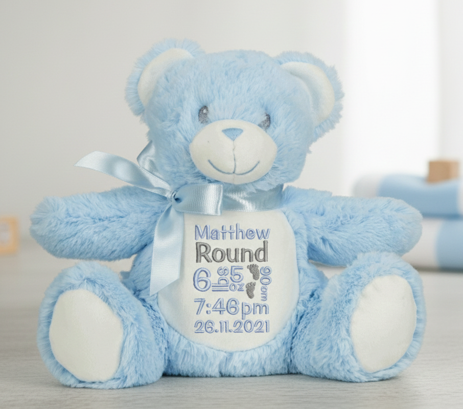 Embroidered Personalised Birth Stats Teddy Bear | New Baby Keepsake