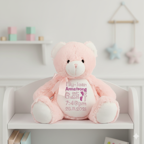 Embroidered Personalised Birth Stats Teddy Bear | New Baby Keepsake