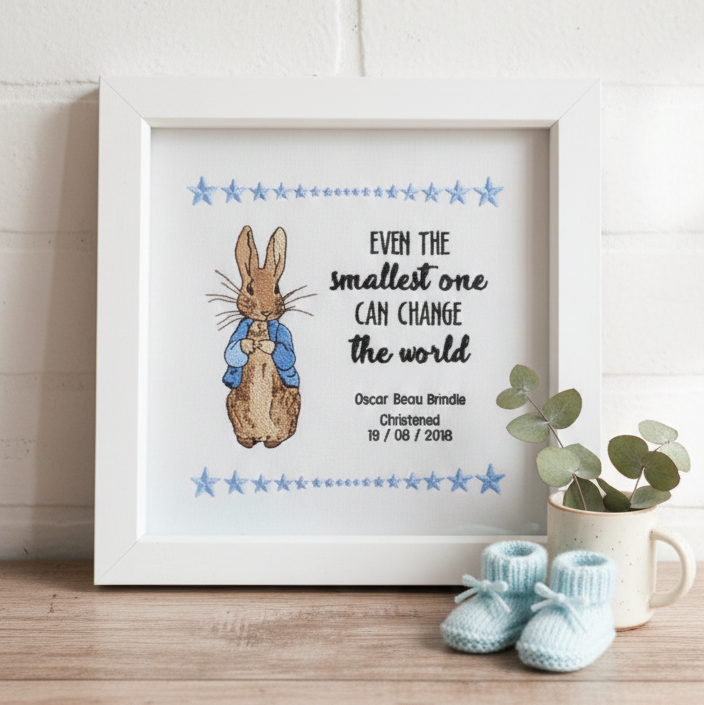 Personalised Embroidered Framed Art – Custom Name & Date Gift for Baby, Christening, Birthday