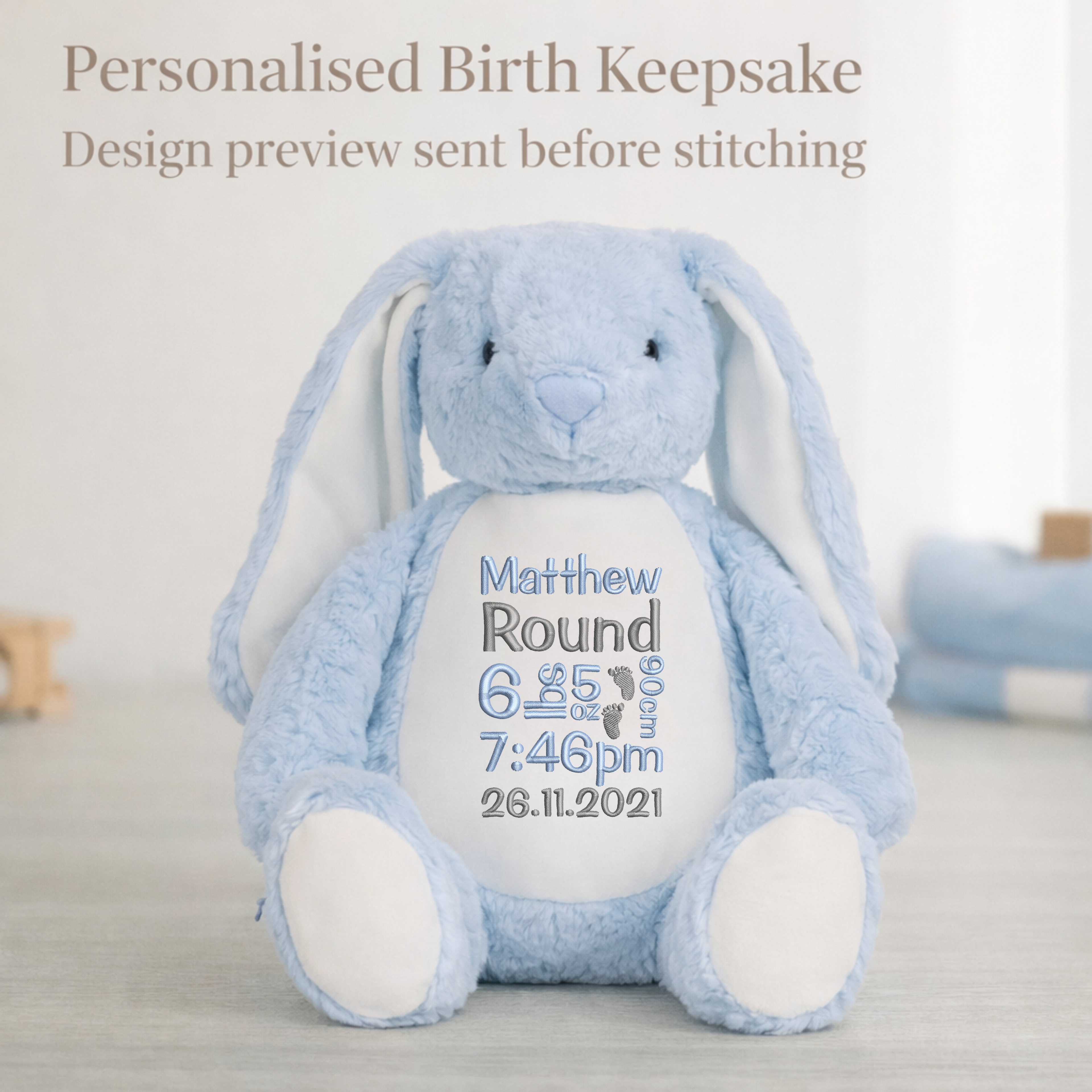 Embroidered Personalised Birth Stats Teddy Bear | New Baby Keepsake